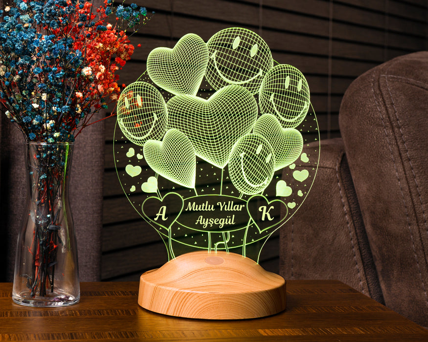 Yılbaşı Yeni Yıl Hediyesi Mutlu Yıllar 3D Smiley Kalpler Led Lamba