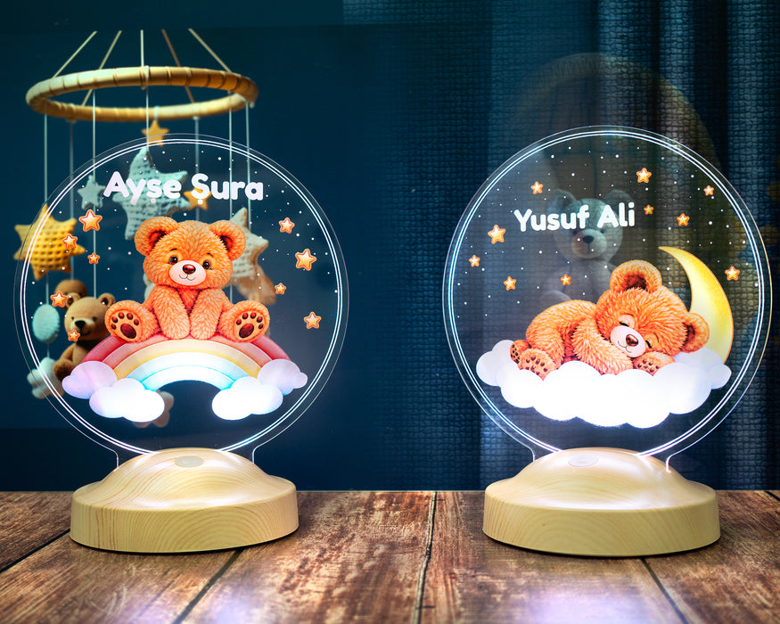 Gökkuşağı ve Sevimli Ayı Teddy LED Lamba - Bebek ve Çocuk Odası, Doğum Günü Hediyesi, Rainbow Temalı Masalsı Hediye