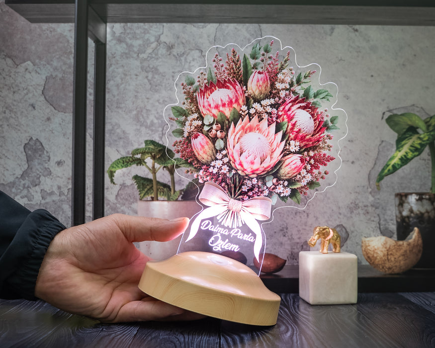 Pembe King Protea Çiçek Buketi LED Lamba, Doğum Günü Hediyesi Pembe Şeker Çalısı Solmayan Çiçek Lambası