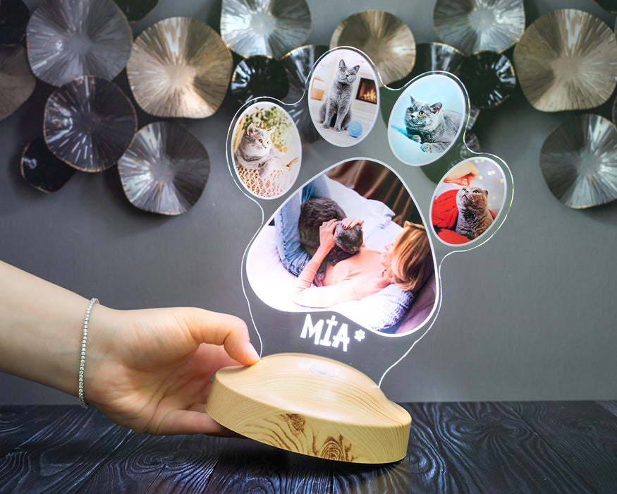 Pati Tasarımlı Kedi Fotoğraflı LED Lamba - İsim Yazılı Kedi Sahibine Doğum Günü Hediyesi