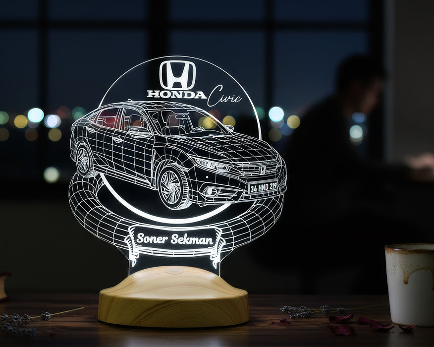 Honda Civic Tutkunlarına Hediye - Plaka Yazılabilen Araba Hediyesi - 3D Kişiye Özel Honda Civic Sedan LED Lamba