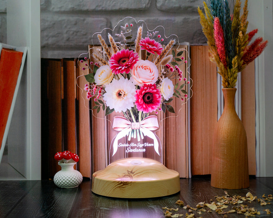 Günbatımı Gerbera Buketi LED Lamba - İsme Özel Solmayan Çiçek Buketi Yıldönümü ve Sevgililer Günü Hediyesi