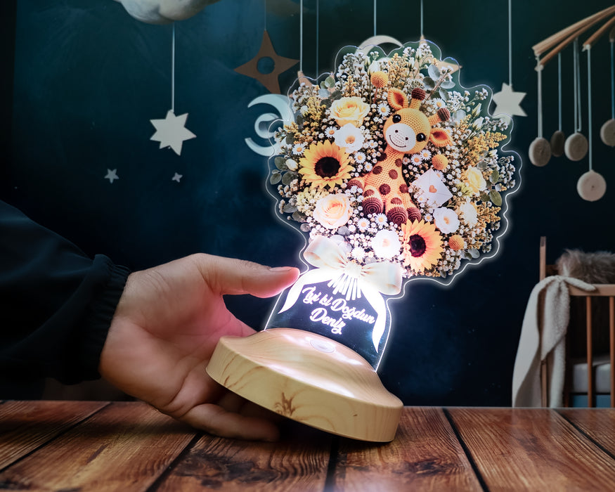 Zürafalı Ayçiçeği Işıklı Çiçek Buketi LED Lamba - Kişiye Özel Çocuğa Doğum Günü Hediyesi, Bebek ve Çocuk Odası Lambası
