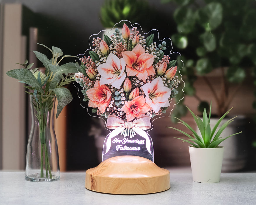 Amaryllis - Nergis Zambağı Çiçek Buketi Led Lamba, Işıklı Güzel Hatun Çiçeği Solmayan Çiçek Sevgiliye – Eşe Kişiye Özel İsimli Hediye