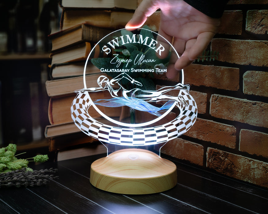 Yüzme Sporcusu Hediyesi / Yüzücüler için hediye  /  Yüzme Antrenörü Hediyesi / Yüzme Hocası Hediyesi Kişiye Özel LED Lamba
