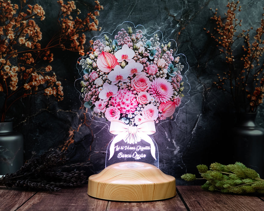 Premium Pudra Zarafet Buketi Led Lamba, Kadına Solmayan Çiçek Hediyesi, Işıklı Pudra Pembe Çiçek Buketi Lambası
