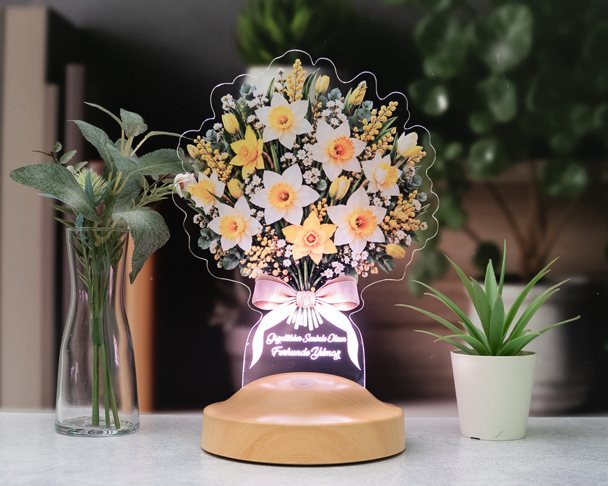 Nergis Çiçek Buketi Led Lamba, Işıklı Sarı Beyaz Nergis Lambası, Kişiye Özel İsimli Doğum Günü Hediyesi