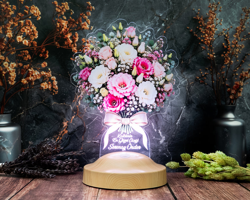 Romantik Lisyantus Çiçek Buketi LED Lamba - Kişiye Özel Sevgiliye Doğum Günü Hediyesi, Yıldönümü Hediyesi