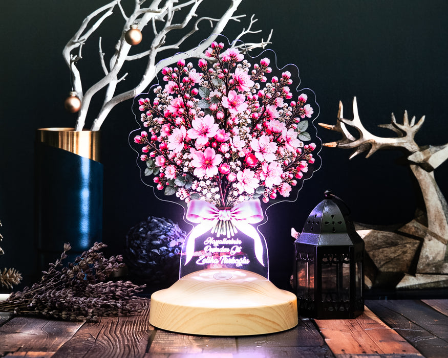 Sakura Kiraz Çiçeği Buketi LED Lamba – Kişiye Özel Işıklı Solmayan Sakura Çiçeği Sevgiliye Doğum Günü Hediyesi