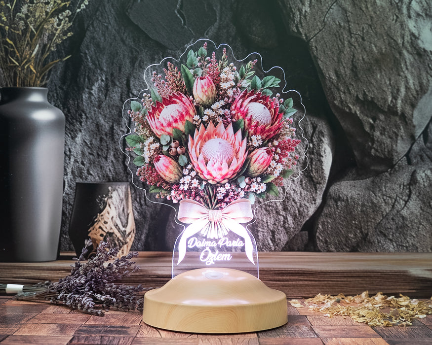 Pembe King Protea Çiçek Buketi LED Lamba, Doğum Günü Hediyesi Pembe Şeker Çalısı Solmayan Çiçek Lambası