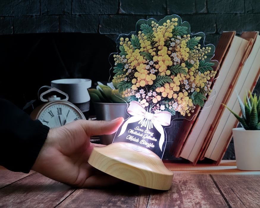 Sarı Mimoza Çiçek Buketi Led Lamba, 8 Mart Kadınlar Günü Hediyesi, İsimli Kadına, Arkadaşa Çiçek Lambası