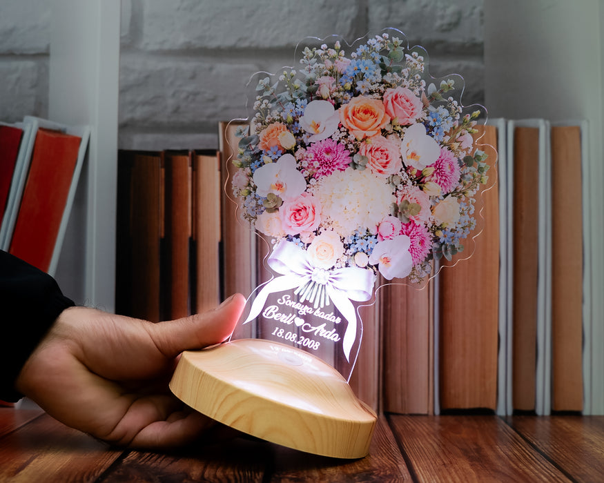 Pastel Gül Buketi Işıklı Çiçek Buketi LED Lamba - Sevgiliye, Eşe Kişiye Özel Yıl Dönümü Hediyesi Solmayan Çiçek Lambası