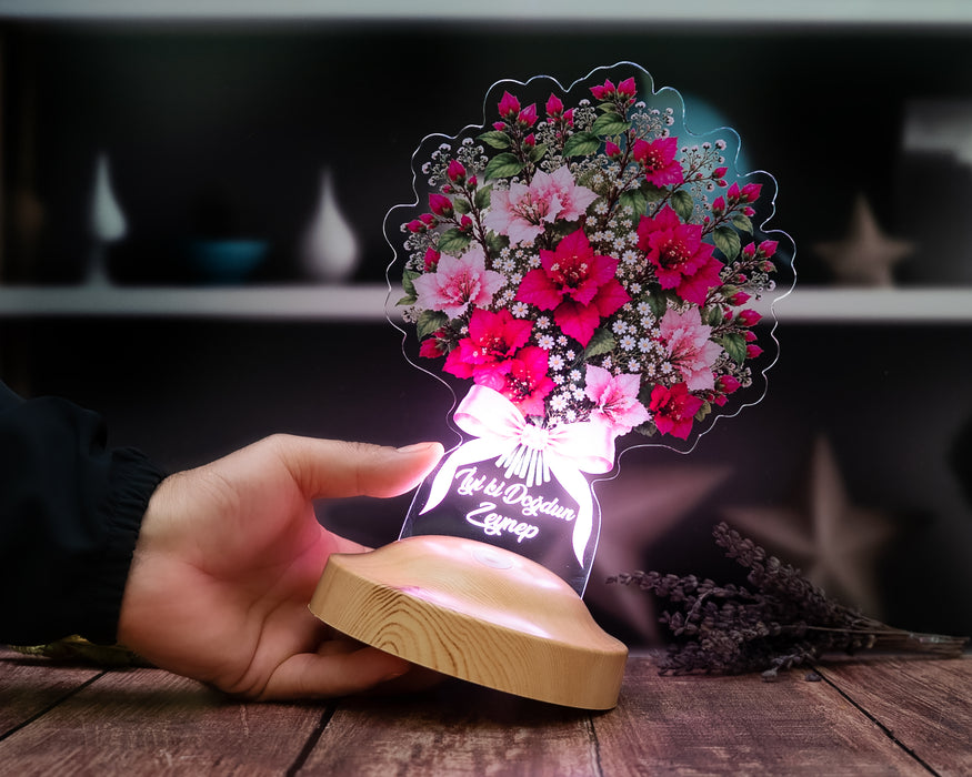 Begonvil Çiçek Buketi Işıklı Led Lamba - Kadına Sevgiliye Doğum Günü Hediyesi Pembe Begonvil Solmayan Çiçek Lambası