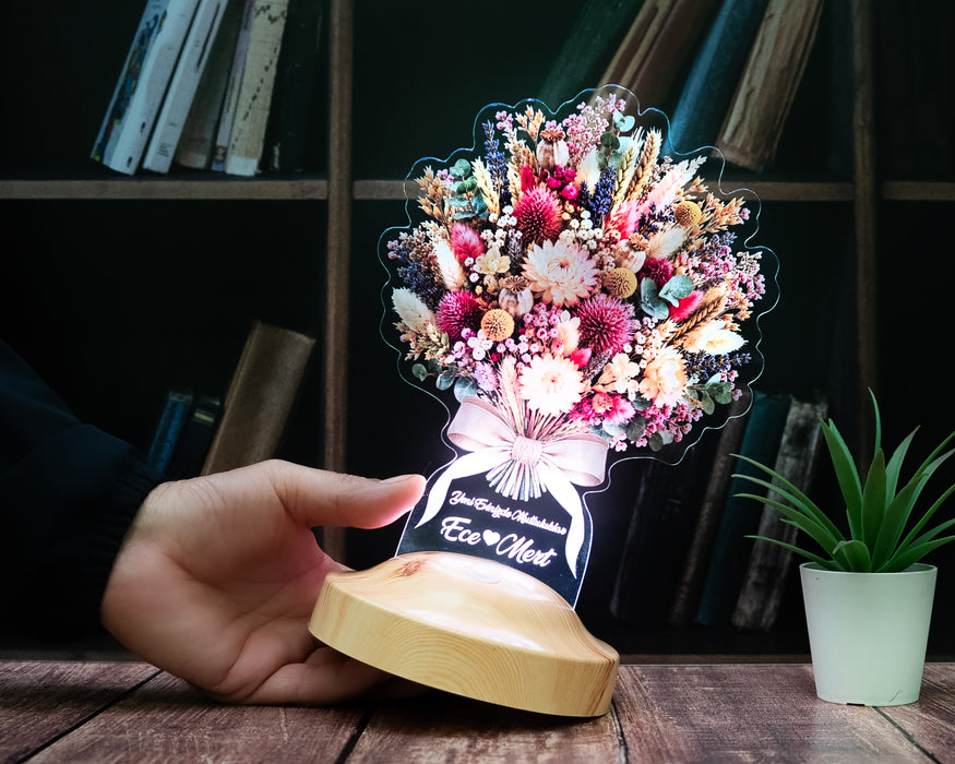Bohem Kuru Çiçek Buketi Işıklı Kişiye Özel LED Lamba – Kadına Özel Solmayan Çiçek Doğum Günü Hediyesi
