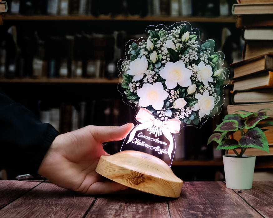Beyaz Gardenya Çiçek Buketi LED Lamba - Kişiye Özel Anneye Hediye Işıklı Çiçek Lambası, Kadına Zarif Hediye Solmayan Çiçek