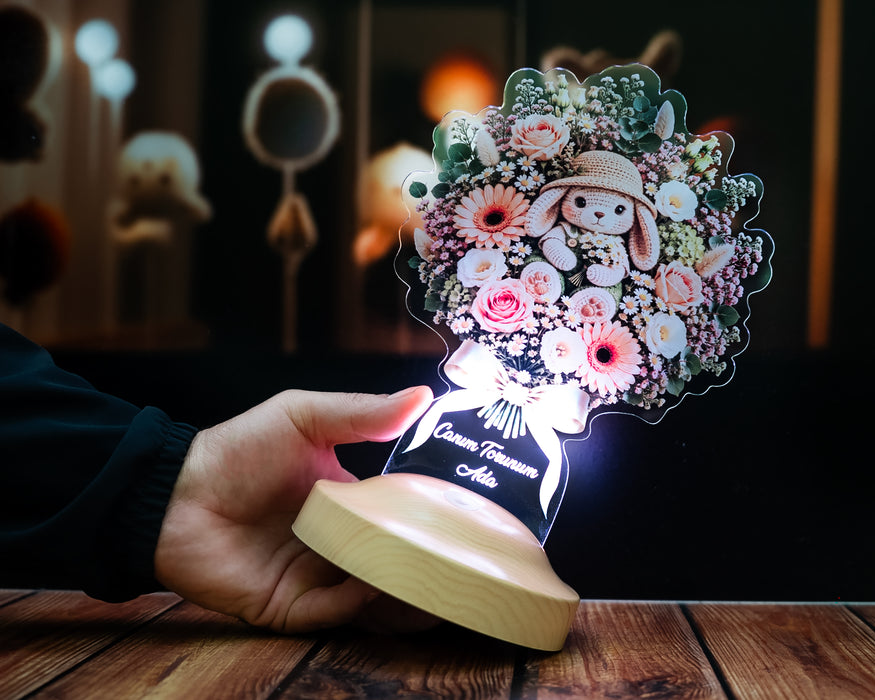 Sevimli Tavşan Işıklı Çiçek Buketi LED Lamba - Kız Bebeğe, Çocuğa Doğum Günü Hediyesi, Kişiye Özel Lamba