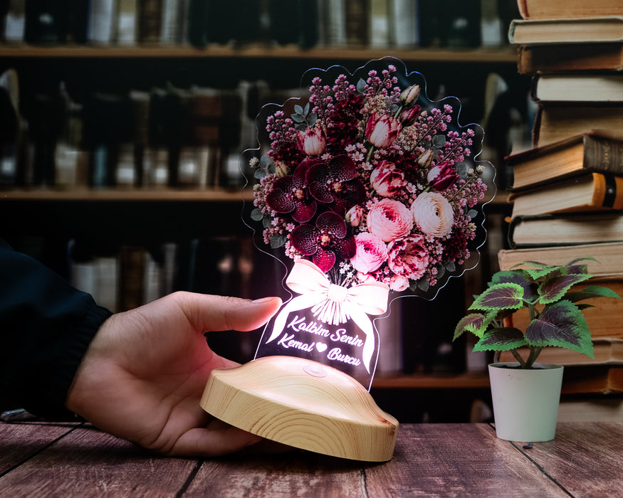 Bordo Orkide Çiçek Buketi LED Lamba - Pudra Buket Kişiye Özel Işıklı Eşe Sevgiliye Yıldönümü Hediyesi Çiçek Lambası
