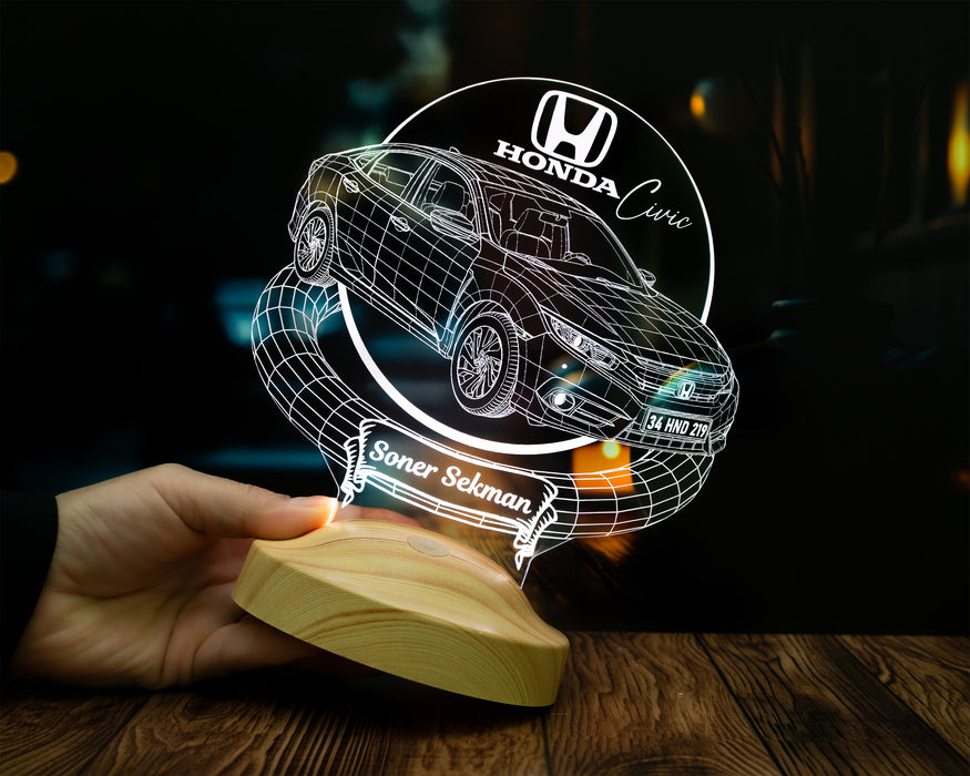 Honda Civic Tutkunlarına Hediye - Plaka Yazılabilen Araba Hediyesi - 3D Kişiye Özel Honda Civic Sedan LED Lamba