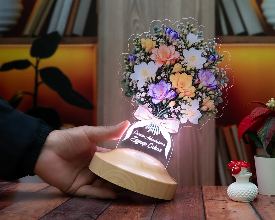 Renkli Frezya Çiçeği Buketi Lambası – Kadına Kişiye Özel İsimli Doğum Günü Hediyesi, Işıklı Çiçek Buketi LED Lambası Arpa Çiçeği Buketi
