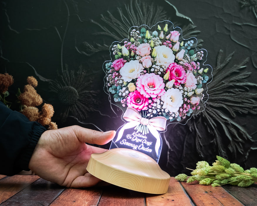 Romantik Lisyantus Çiçek Buketi LED Lamba - Kişiye Özel Sevgiliye Doğum Günü Hediyesi, Yıldönümü Hediyesi