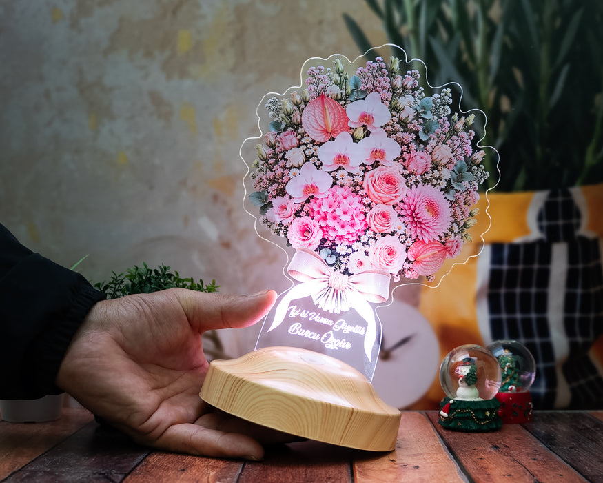 Premium Pudra Zarafet Buketi Led Lamba, Kadına Solmayan Çiçek Hediyesi, Işıklı Pudra Pembe Çiçek Buketi Lambası