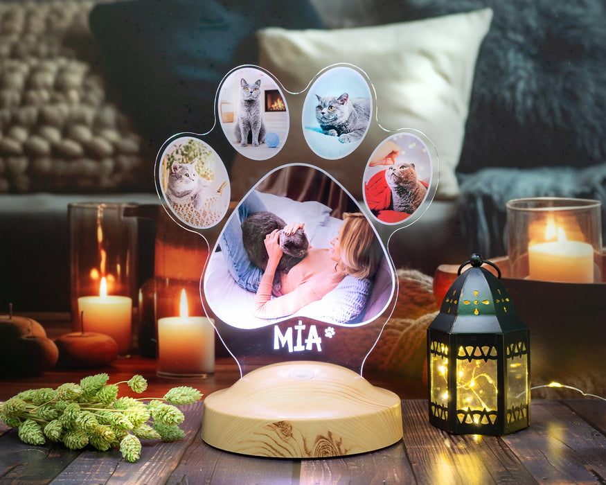 Pati Tasarımlı Kedi Fotoğraflı LED Lamba - İsim Yazılı Kedi Sahibine Doğum Günü Hediyesi
