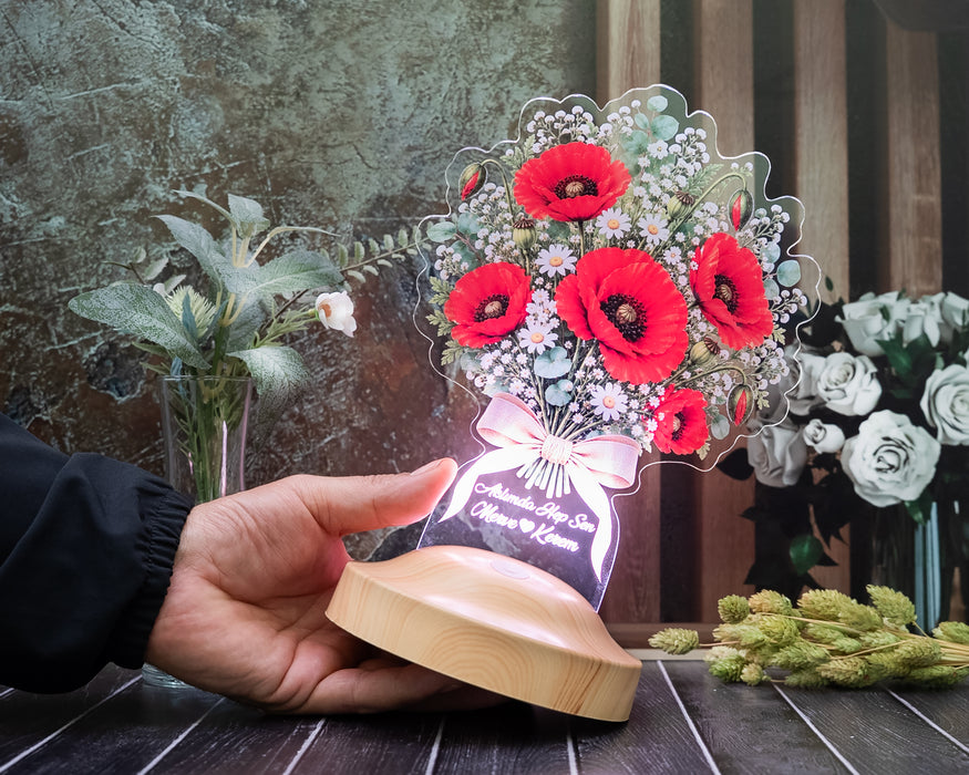 Gelincik Işıklı Çiçek Buketi Led Lamba - Solmayan Kırmızı Kır Çiçeği Hediyesi, Eşe Yıldönümü Hediyesi