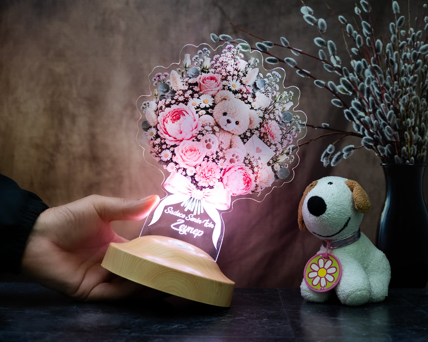 Tatlı Bir Sürpriz Ayıcık Buketi Işıklı Çiçek Buketi LED Lamba – Sevgiliye Pembe Güllü Solmayan Çiçek Hediyesi