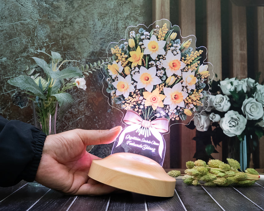 Nergis Çiçek Buketi Led Lamba, Işıklı Sarı Beyaz Nergis Lambası, Kişiye Özel İsimli Doğum Günü Hediyesi