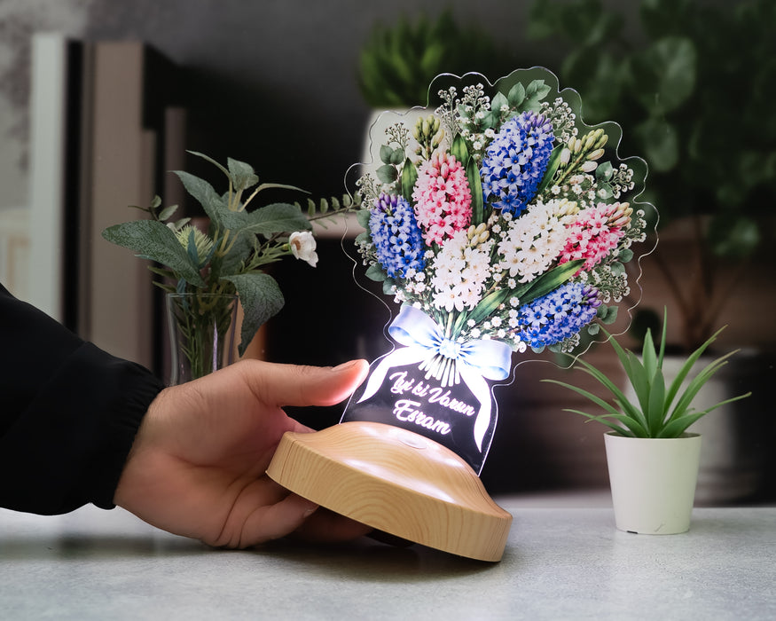 Sümbül Çiçek Buketi LED Lamba - Kişiye Özel Sevgiliye Doğum Günü Hediyesi, Işıklı Renkli Solmayan Sümbüller Buketi Çiçek Lambası