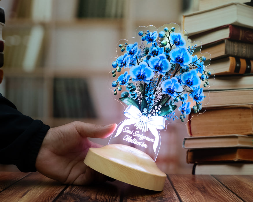 Mavi Orkide Işıklı Çiçek Buketi LED Lamba - Sevgiliye Eşe Hediye Kişiye Özel İsimli Solmayan Çiçek Lamba