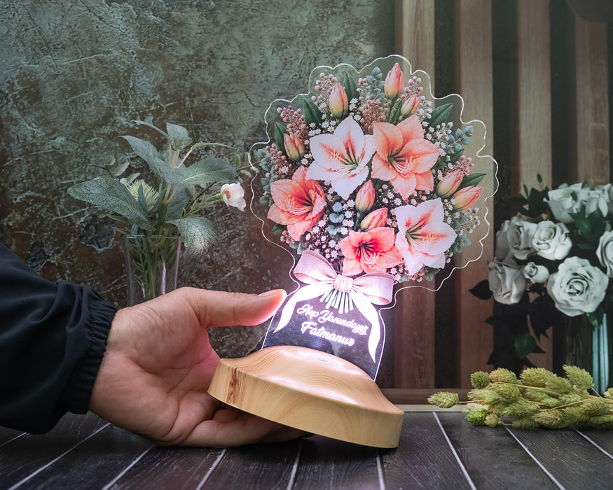 Amaryllis - Nergis Zambağı Çiçek Buketi Led Lamba, Işıklı Güzel Hatun Çiçeği Solmayan Çiçek Sevgiliye – Eşe Kişiye Özel İsimli Hediye