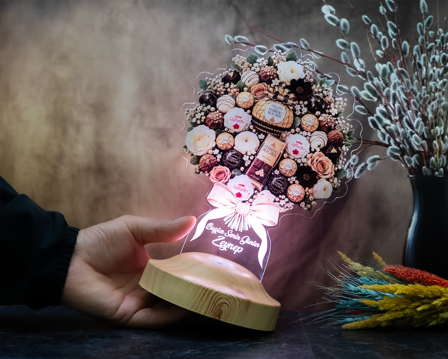 Çikolata Görselli Çiçek Buketi LED Lamba, Kişiye Özel İsimli Işıklı Doğum Günü Hediyesi Çiçek Lambası