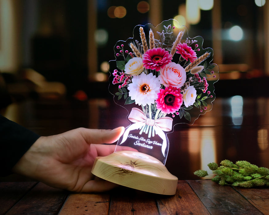Günbatımı Gerbera Buketi LED Lamba - İsme Özel Solmayan Çiçek Buketi Yıldönümü ve Sevgililer Günü Hediyesi