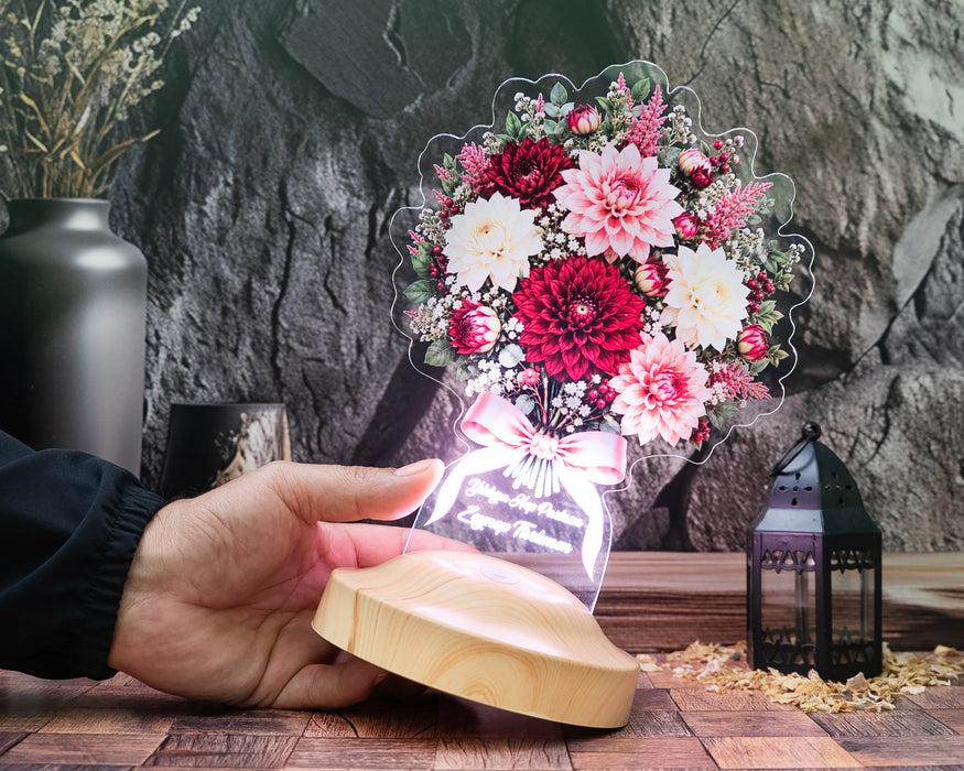 Dahlia Yıldız Çiçeği Buketi Led Lamba, Kişiye Özel Işıklı Solmayan Çiçek İsimli Kadına, Doğum Günü Hediyesi