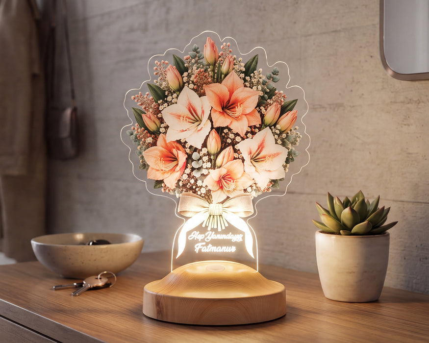 Amaryllis - Nergis Zambağı Çiçek Buketi Led Lamba, Işıklı Güzel Hatun Çiçeği Solmayan Çiçek Sevgiliye – Eşe Kişiye Özel İsimli Hediye