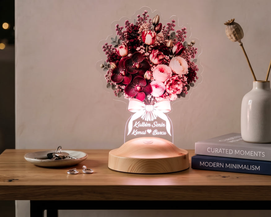 Bordo Orkide Çiçek Buketi LED Lamba - Pudra Buket Kişiye Özel Işıklı Eşe Sevgiliye Yıldönümü Hediyesi Çiçek Lambası
