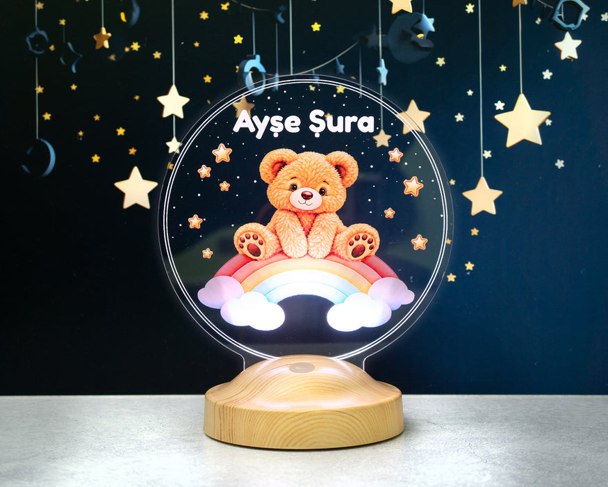 Gökkuşağı ve Sevimli Ayı Teddy LED Lamba - Bebek ve Çocuk Odası, Doğum Günü Hediyesi, Rainbow Temalı Masalsı Hediye