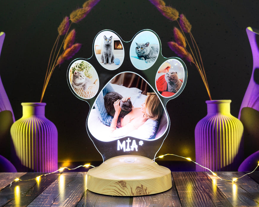 Pati Tasarımlı Kedi Fotoğraflı LED Lamba - İsim Yazılı Kedi Sahibine Doğum Günü Hediyesi