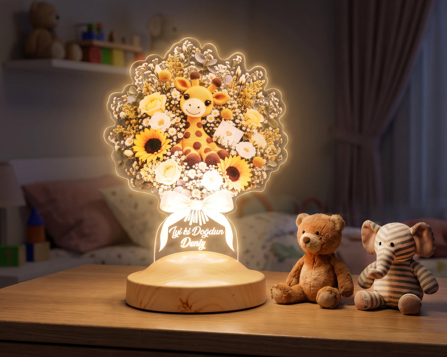 Zürafalı Ayçiçeği Işıklı Çiçek Buketi LED Lamba - Kişiye Özel Çocuğa Doğum Günü Hediyesi, Bebek ve Çocuk Odası Lambası