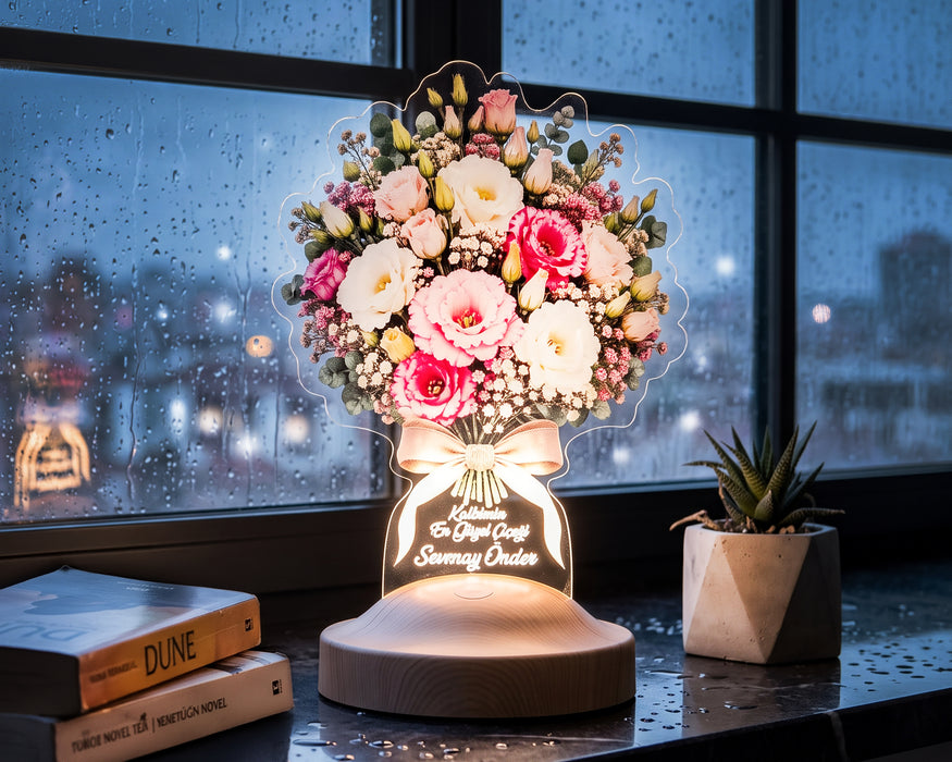 Romantik Lisyantus Çiçek Buketi LED Lamba - Kişiye Özel Sevgiliye Doğum Günü Hediyesi, Yıldönümü Hediyesi