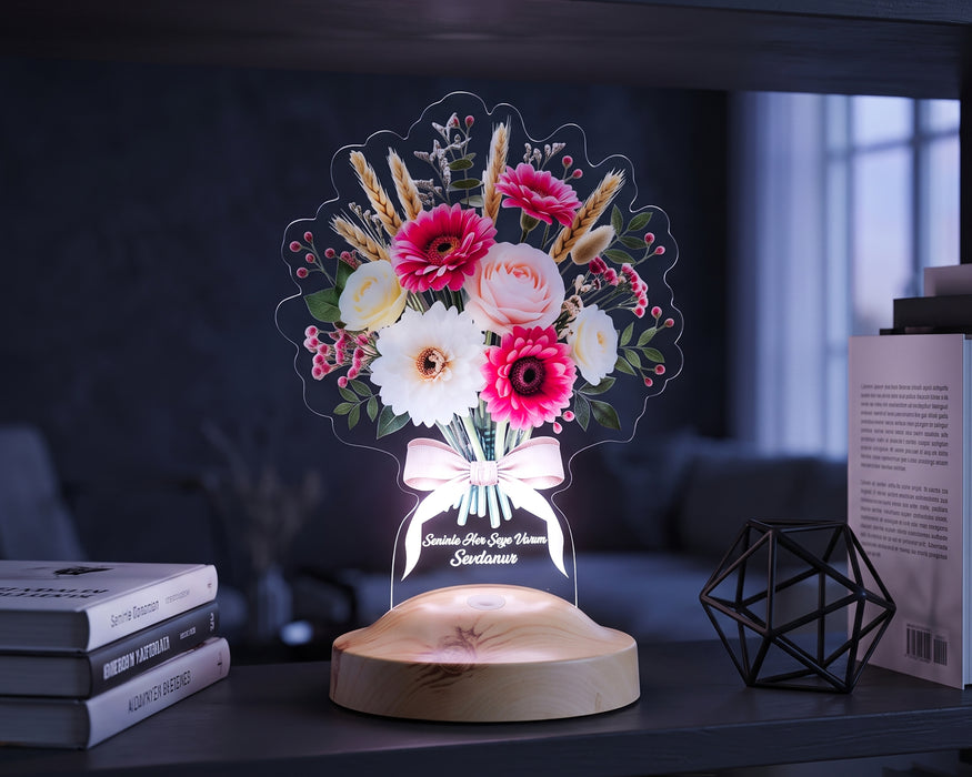Günbatımı Gerbera Buketi LED Lamba - İsme Özel Solmayan Çiçek Buketi Yıldönümü ve Sevgililer Günü Hediyesi