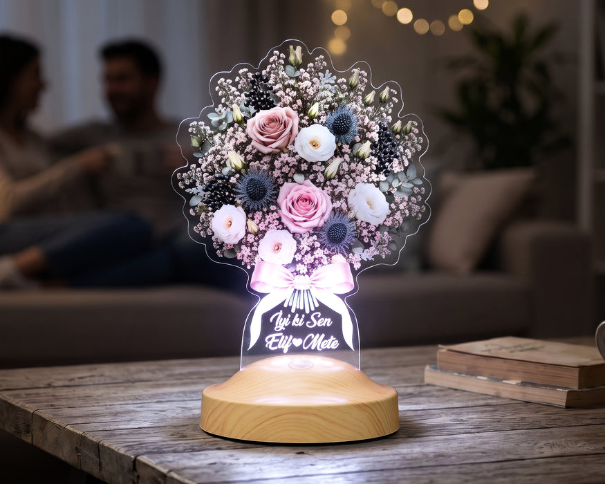 Pudra Gece Masalı Işıklı Çiçek Buketi LED Lamba – Kadına ve Sevgiliye Özel Hediye, Kişiye Özel Solmayan Çiçek Lambası