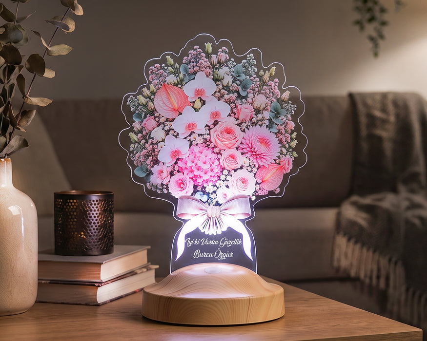 Premium Pudra Zarafet Buketi Led Lamba, Kadına Solmayan Çiçek Hediyesi, Işıklı Pudra Pembe Çiçek Buketi Lambası
