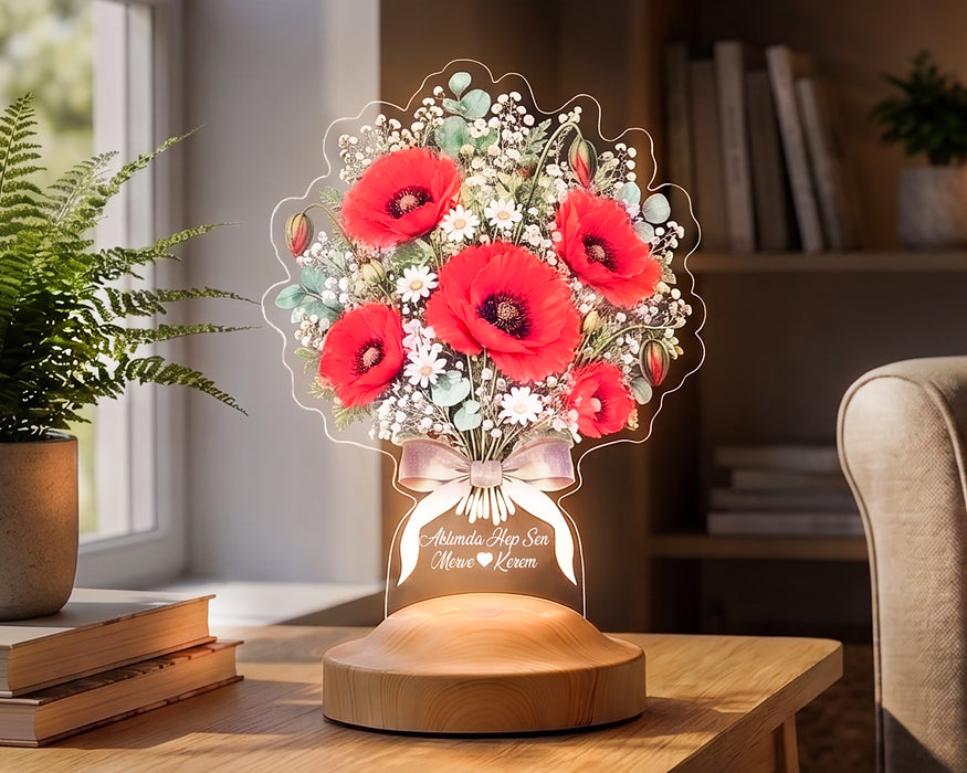 Gelincik Işıklı Çiçek Buketi Led Lamba - Solmayan Kırmızı Kır Çiçeği Hediyesi, Eşe Yıldönümü Hediyesi