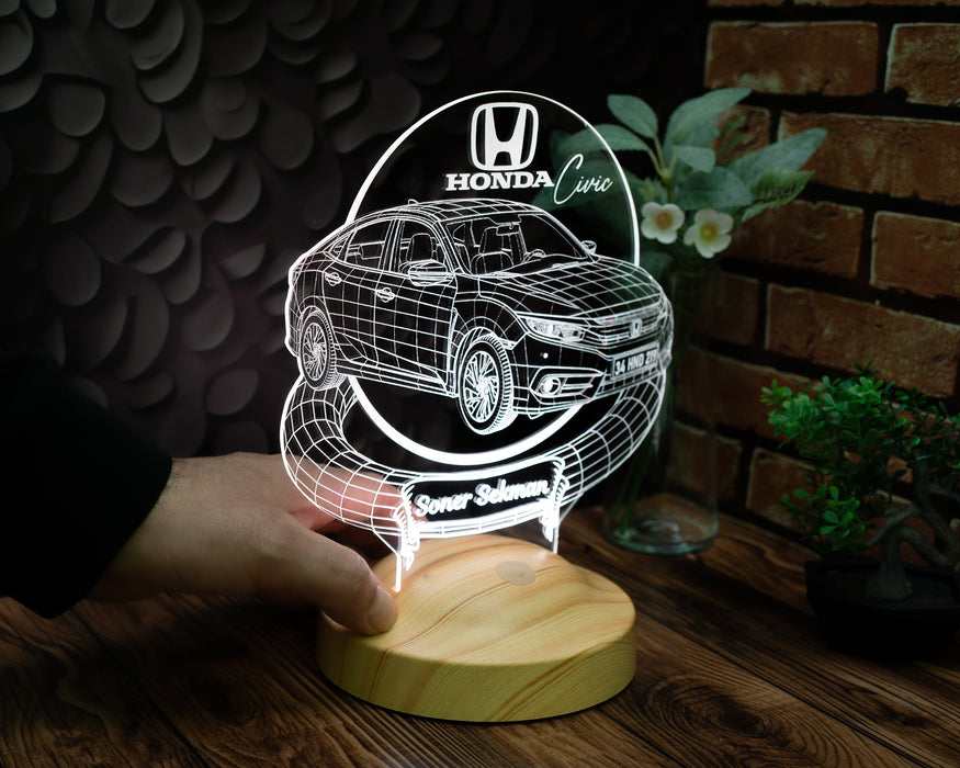 Honda Civic Tutkunlarına Hediye - Plaka Yazılabilen Araba Hediyesi - 3D Kişiye Özel Honda Civic Sedan LED Lamba