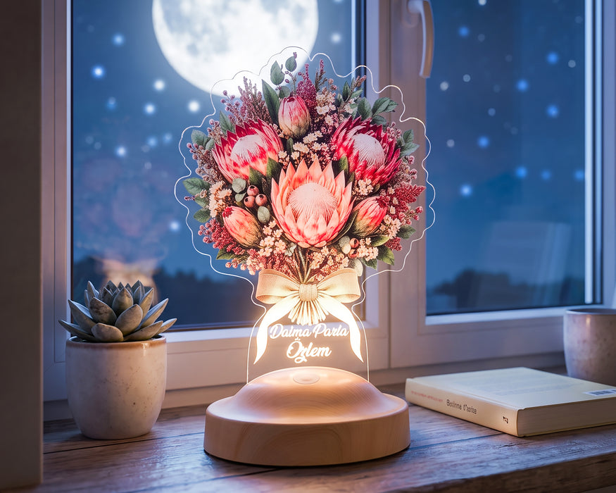 Pembe King Protea Çiçek Buketi LED Lamba, Doğum Günü Hediyesi Pembe Şeker Çalısı Solmayan Çiçek Lambası