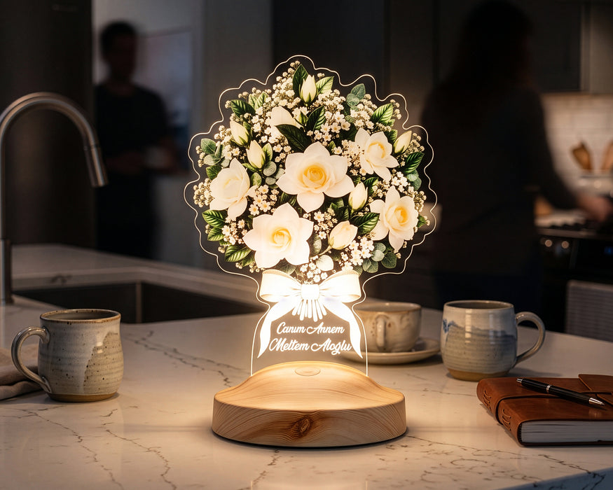 Beyaz Gardenya Çiçek Buketi LED Lamba - Kişiye Özel Anneye Hediye Işıklı Çiçek Lambası, Kadına Zarif Hediye Solmayan Çiçek