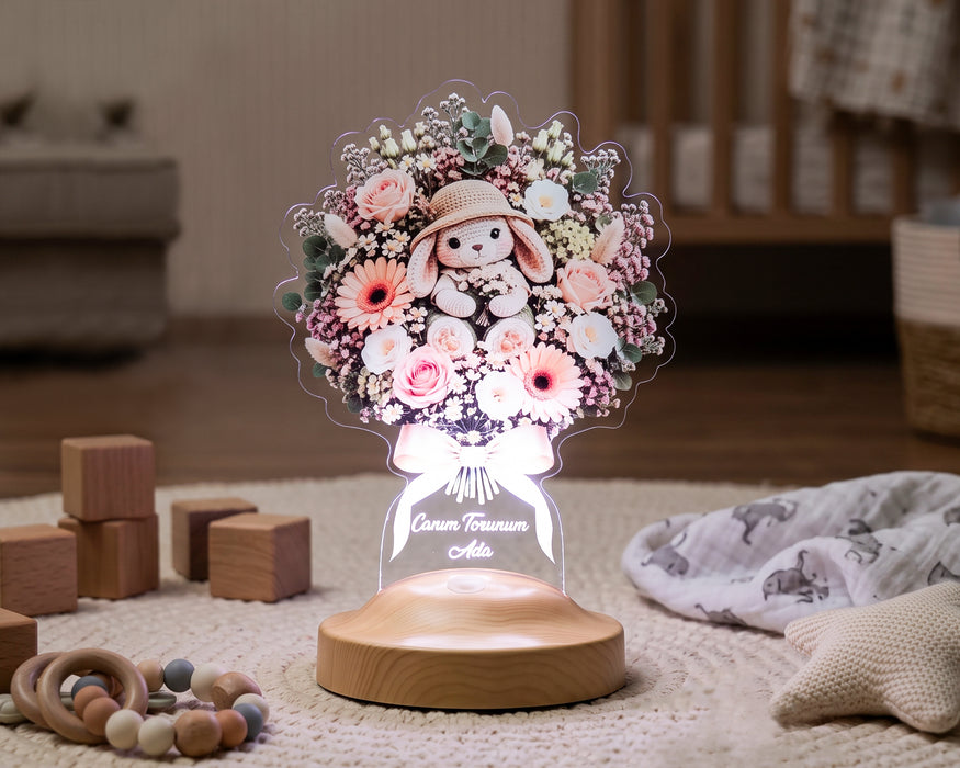Sevimli Tavşan Işıklı Çiçek Buketi LED Lamba - Kız Bebeğe, Çocuğa Doğum Günü Hediyesi, Kişiye Özel Lamba