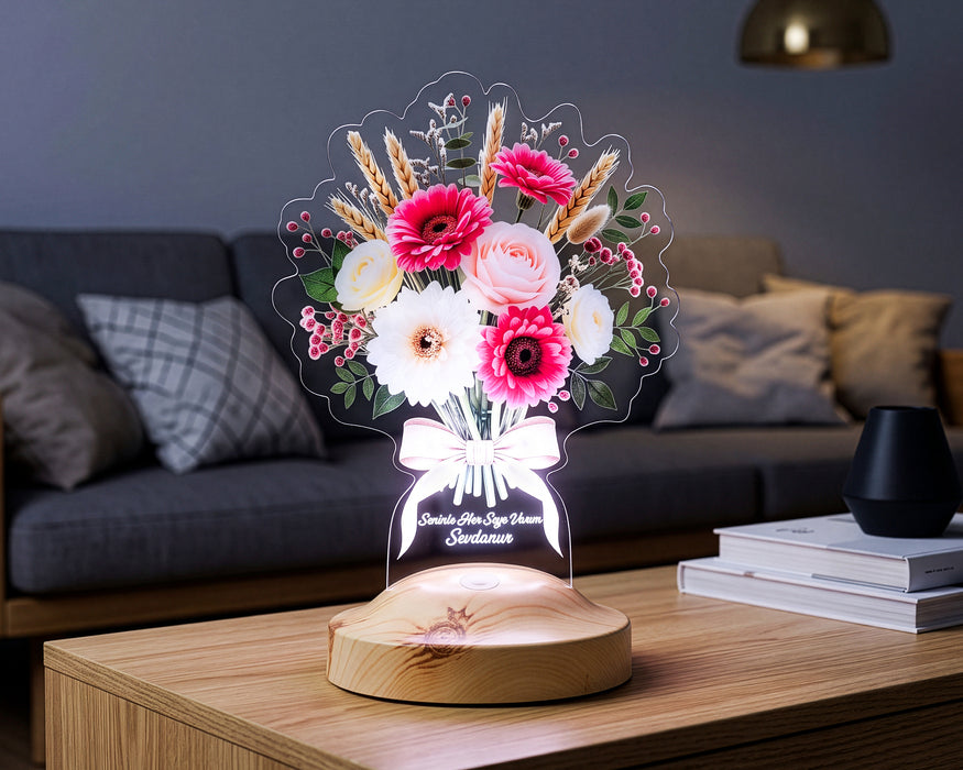 Günbatımı Gerbera Buketi LED Lamba - İsme Özel Solmayan Çiçek Buketi Yıldönümü ve Sevgililer Günü Hediyesi